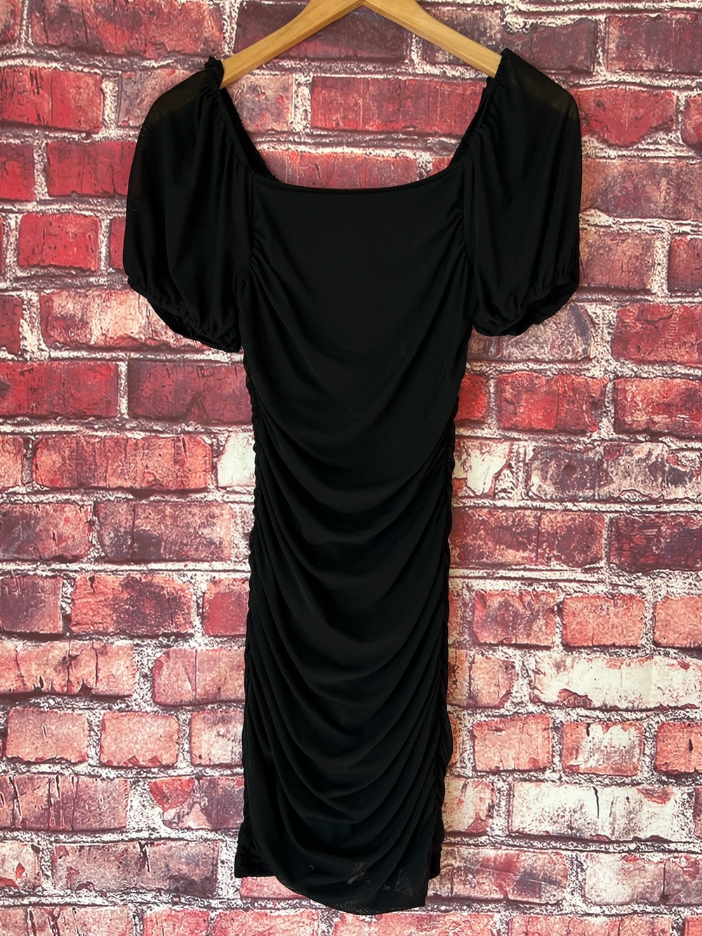 TECREW Black Ruched Square Neck Puff Sleeve Bodycon Mini Dress Size S